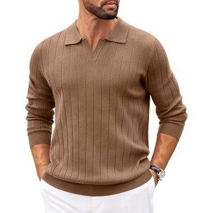 Coofandy Men Brown Polo Long Sleeve V Neck Knit Lightweight Pullover Sweater
